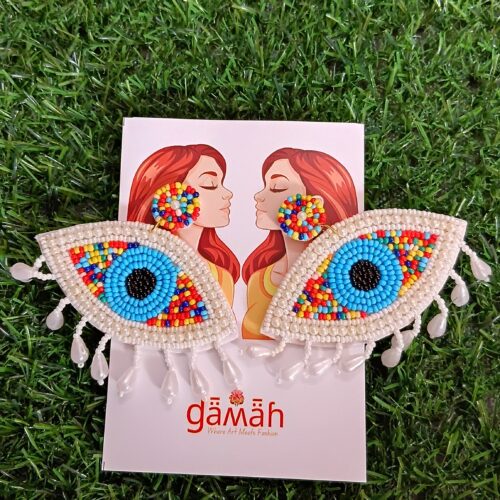 Handmade Beaded White Colourful Beaded Evil Eye Earrings