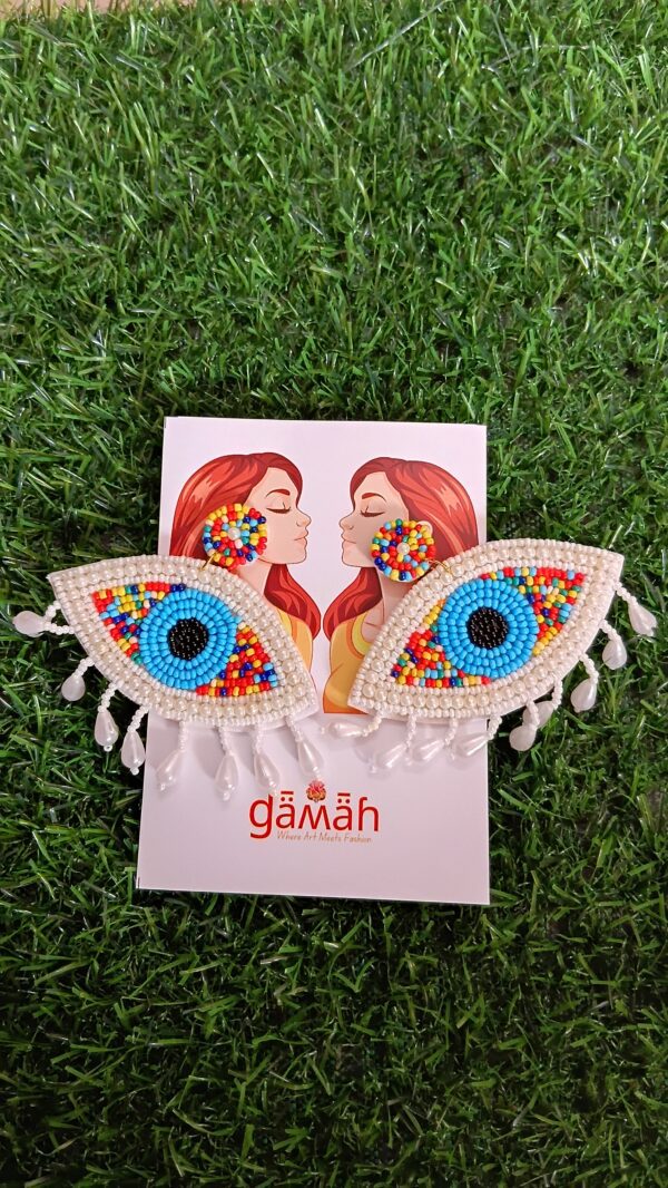 Handmade Beaded White Colourful Beaded Evil Eye Earrings
