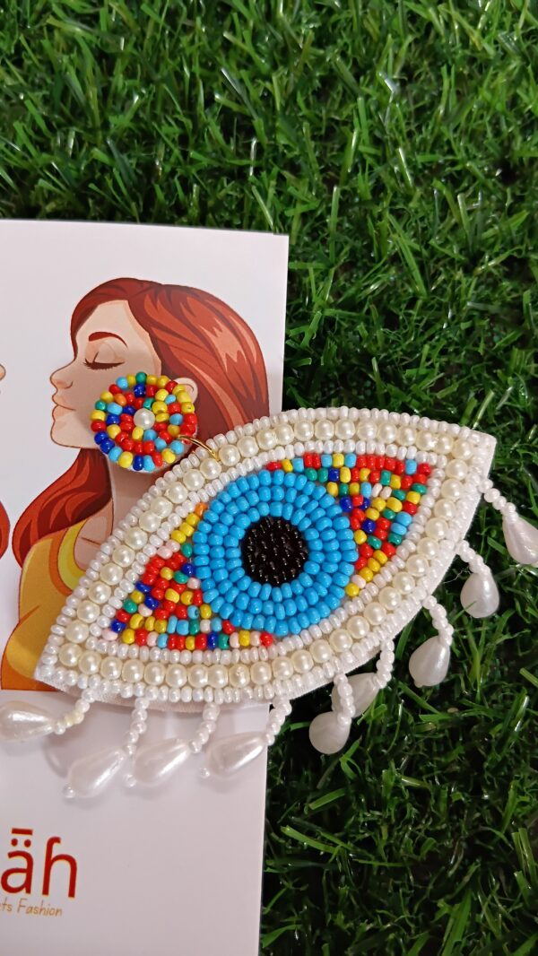 Handmade Beaded White Colourful Beaded Evil Eye Earrings